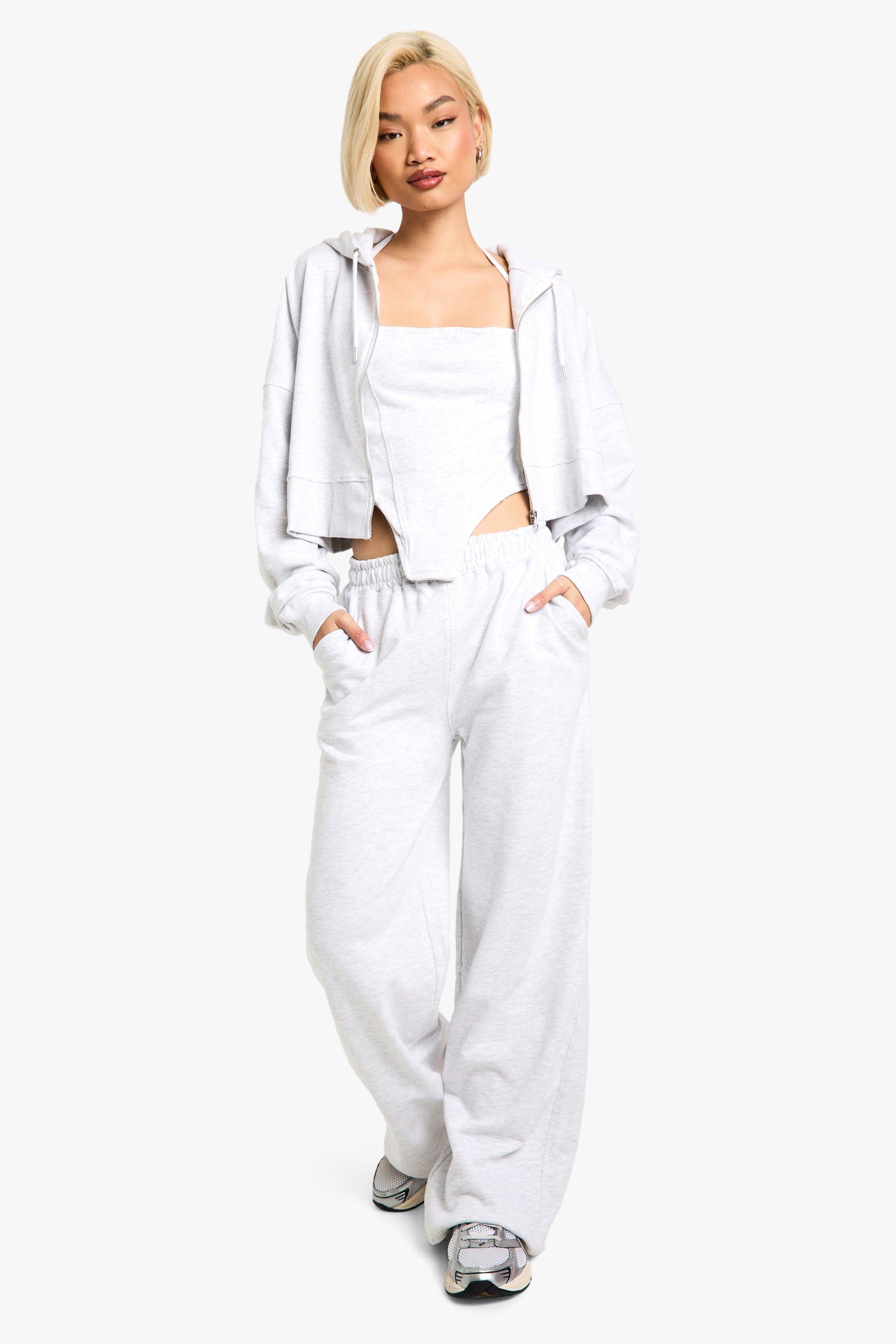 Womens Corset Top 3 Piece Boxy Crop Hooded Tracksuit - Grey - L, Grey